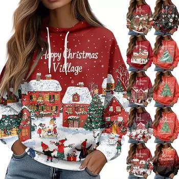 Женская повседневная свободная толстовка с капюшоном и длинным рукавом с рождественским принтом на завязках XL розовый