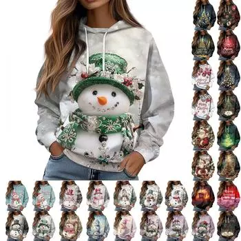 Женская повседневная свободная толстовка с капюшоном и длинным рукавом с рождественским принтом на завязках XL