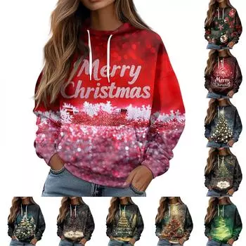 Женская повседневная свободная толстовка с капюшоном и длинным рукавом с рождественским принтом на завязках M белый