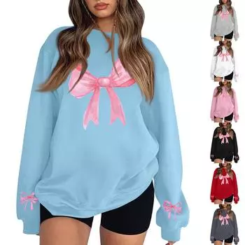 Женская повседневная свободная толстовка с капюшоном и принтом банта с круглым вырезом и длинными рукавами S чёрный