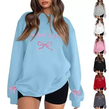 Женская повседневная свободная толстовка с капюшоном и принтом банта с круглым вырезом и длинными рукавами L чёрный