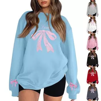 Женская повседневная свободная толстовка с капюшоном и принтом банта с круглым вырезом и длинными рукавами L синий