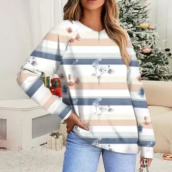 Женская повседневная свободная толстовка с капюшоном в полоску с цветочным принтом и круглым вырезом с длинными рукавами L бежевый