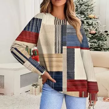 Женская повседневная свободная толстовка с капюшоном в полоску с цветочным принтом и круглым вырезом с длинными рукавами L бежевый