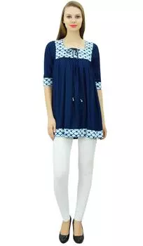 Женская повседневная свободная туника Bimba в этническом стиле с короткими рукавами 3/4 и коротким топом Kurti 10 темно-синий