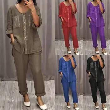 Женская повседневная свободная туника с блестками и длинными рукавами и круглым вырезом, топы, брюки, спортивный костюм