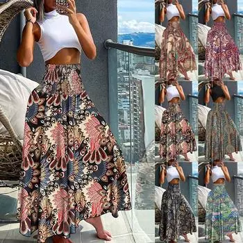 Женская повседневная свободная юбка-макси с эластичной резинкой на талии в стиле бохо, пляжная струящаяся распашная юбка-макси с цветочным принтом для отпуска L бежевый