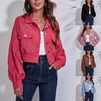 Женская повседневная свободная вельветовая укороченная куртка с заниженными плечами и длинными рукавами M чёрный