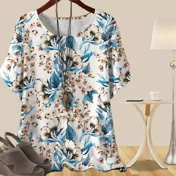 Женская повседневная свободная весенняя рубашка в стиле вестерн, женские топы с коротким рукавом и ярким цветочным принтом XS синий