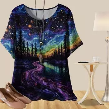 Женская повседневная свободная весенняя рубашка, женские топы с коротким рукавом Dreamy Deep Forest Printed XS чёрный