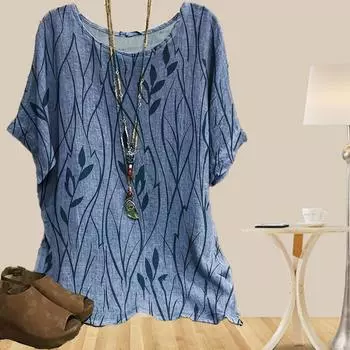 Женская повседневная свободная весенняя рубашка, женские топы с коротким рукавом и принтом красивых листьев XS синий