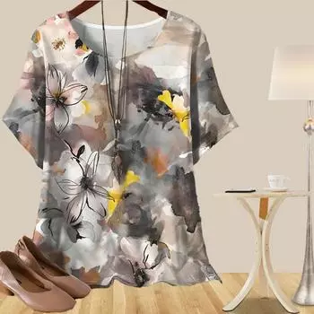 Женская повседневная свободная весенняя рубашка, женские топы с коротким рукавом, наброски граффити и растениями XS чёрный