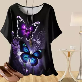 Женская повседневная свободная весенняя рубашка, женские топы с коротким рукавом и принтом «мечтательная бабочка-подсолнух» XS фиолетовый