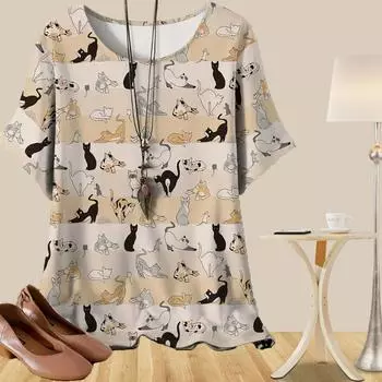 Женская повседневная свободная весенняя рубашка, женские топы с коротким рукавом и принтом танцующей кошки в винтажном стиле с цветами XS чёрный