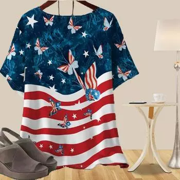 Женская повседневная свободная весенняя рубашка, женские топы с коротким рукавом и принтом бабочек и Санта-Клауса в стиле ретро XS синий