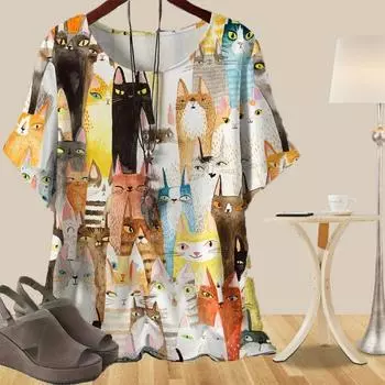 Женская повседневная свободная весенняя рубашка, женские топы с коротким рукавом и цветочным принтом в виде мультяшного кота XS жёлтый