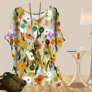 Женская повседневная свободная весенняя рубашка, женские топы с коротким рукавом и принтом масляной живописи лилий XS синий