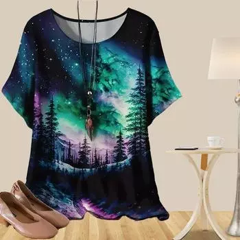 Женская повседневная свободная весенняя рубашка, женские топы с коротким рукавом и принтом «Звездное небо и лес» XS фиолетовый