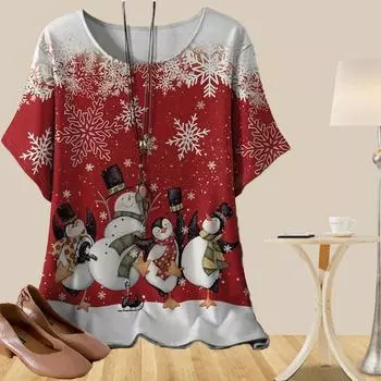 Женская повседневная свободная весенняя рубашка, женские топы с коротким рукавом и принтом рождественского снеговика XS белый