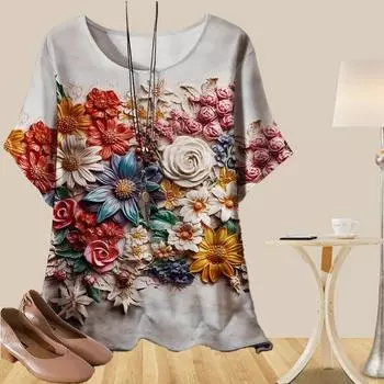 Женская повседневная свободная весенняя рубашка, женские топы с коротким рукавом и принтом 3D-цветов XS чёрный