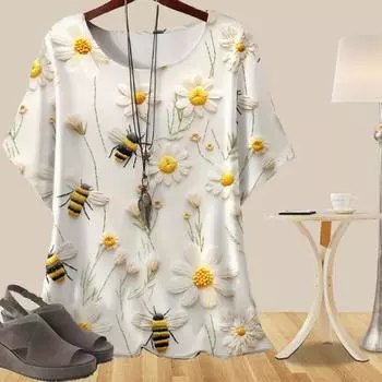 Женская повседневная свободная весенняя рубашка, женские топы с коротким рукавом и принтом медоносной пчелы и цветка-снеговика XS белый