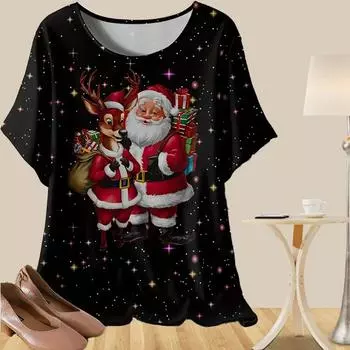 Женская повседневная свободная весенняя рубашка, женские топы с коротким рукавом и принтом Санта-Клауса XS белый