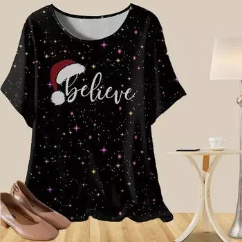 Женская повседневная свободная весенняя рубашка, женские топы с коротким рукавом и принтом шапки Санты XS чёрный