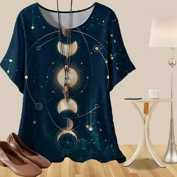 Женская повседневная свободная весенняя рубашка, женские топы с коротким рукавом и принтом «Космос, Луна, Звезды, Дерево» XS синий
