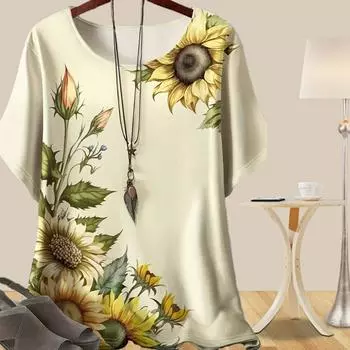 Женская повседневная свободная весенняя рубашка, женские топы с коротким рукавом и принтом подсолнухов и бабочки XS жёлтый