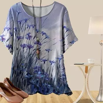 Женская повседневная свободная весенняя рубашка, женские топы с коротким рукавом и принтом в виде винтажной розы XS синий