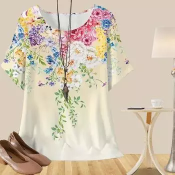 Женская повседневная свободная весенняя рубашка, женские топы с коротким рукавом и принтом в виде нарисованных вручную мультяшных цветов XS жёлтый