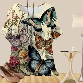 Женская повседневная свободная весенняя рубашка, женские топы с коротким рукавом и принтом в виде перьев бабочек XS синий