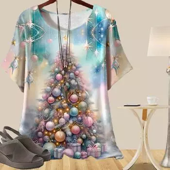 Женская повседневная свободная весенняя рубашка, женские топы с коротким рукавом и цветным принтом в виде веера в виде рождественской елки XS розовый