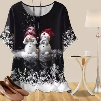 Женская повседневная свободная весенняя рубашка, женские топы с коротким рукавом и принтом рождественского снеговика XS чёрный