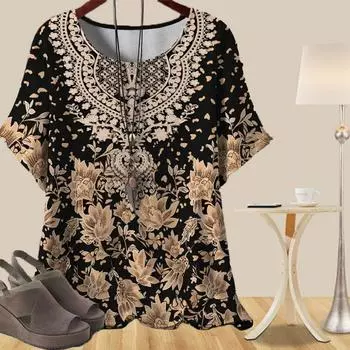 Женская повседневная свободная весенняя рубашка, женские топы с коротким рукавом в этническом стиле в стиле ретро с принтом XS серый