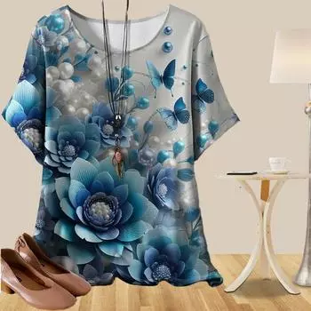 Женская повседневная свободная весенняя рубашка, женские топы с коротким рукавом и принтом в виде бабочек, цветов, листьев и капель воды XS синий
