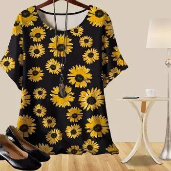 Женская повседневная свободная весенняя рубашка, женские топы с коротким рукавом и круглыми горошинами с принтом подсолнухов XS жёлтый