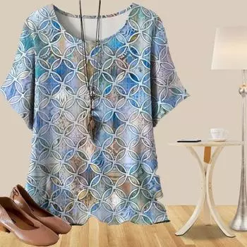 Женская повседневная свободная весенняя рубашка, женские топы с коротким рукавом и принтом «цепочка и круг» XS синий