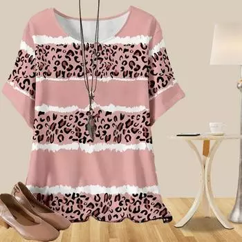 Женская повседневная свободная весенняя рубашка, женские топы с коротким рукавом и горизонтальными полосками с леопардовым принтом XS розовый