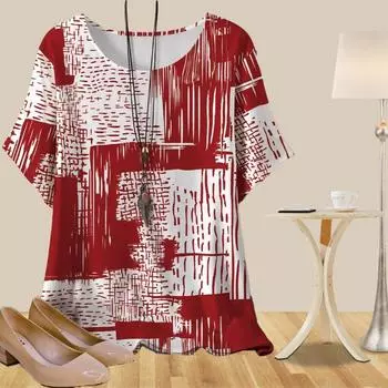 Женская повседневная свободная весенняя рубашка, женские топы с коротким рукавом и интересным геометрическим принтом XS красный