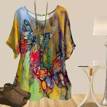 Женская повседневная свободная весенняя рубашка, женские топы с коротким рукавом и цветочным принтом в виде бабочек в винтажном стиле XS жёлтый