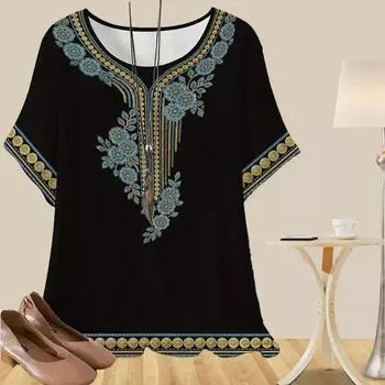Женская повседневная свободная весенняя рубашка, женские топы с коротким рукавом, нарисованные вручную, изысканные узоры XS синий