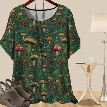 Женская повседневная свободная весенняя рубашка, женские топы с коротким рукавом и принтом «трава, грибы, любовь» XS зелёный