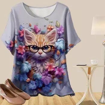 Женская повседневная свободная весенняя рубашка, женские топы с коротким рукавом и принтом в виде кошек XS розовый