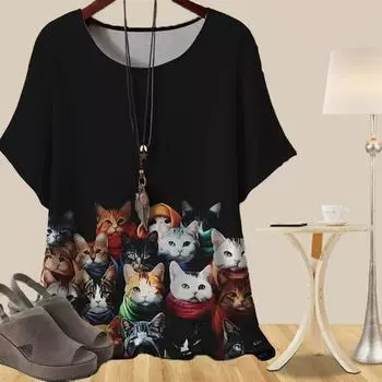 Женская повседневная свободная весенняя рубашка, женские топы с коротким рукавом и принтом в виде группы милых кошек XS белый