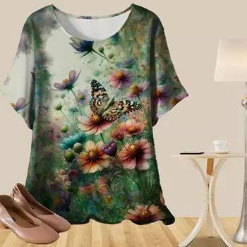 Женская повседневная свободная весенняя рубашка, женские топы с коротким рукавом и принтом «Бабочки среди цветов» XS зелёный