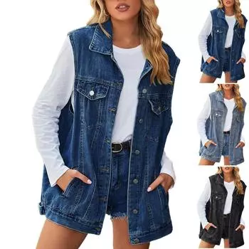 Женская повседневная свободная винтажная джинсовая жилетка L чёрный