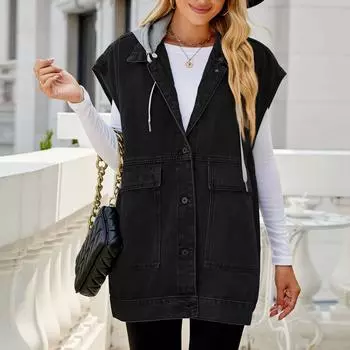 Женская повседневная свободная винтажная джинсовая жилетка с капюшоном L чёрный