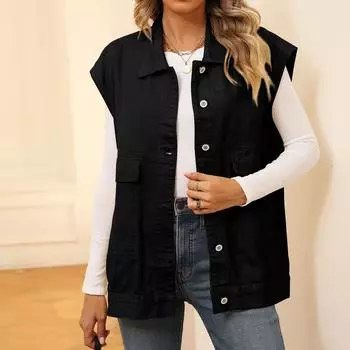 Женская повседневная свободная винтажная джинсовая жилетка с капюшоном L чёрный