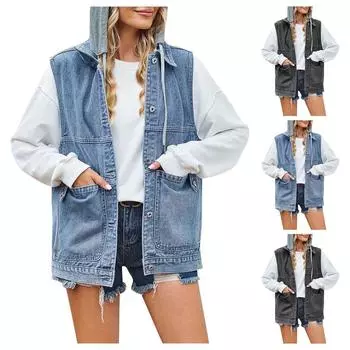 Женская повседневная свободная винтажная джинсовая жилетка с капюшоном L синий